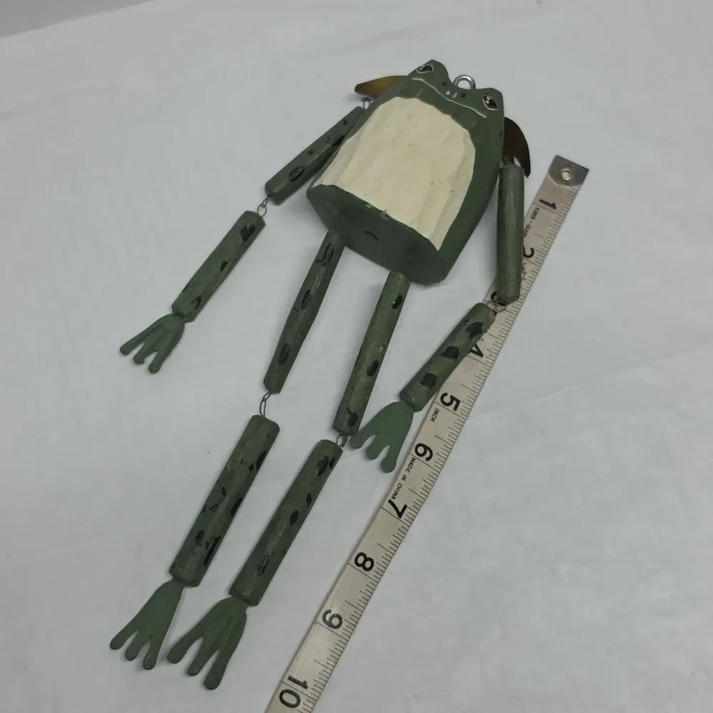 Vintage Wooden Green Frog Angel Shelf Sitter Dangling Marionette Ornament